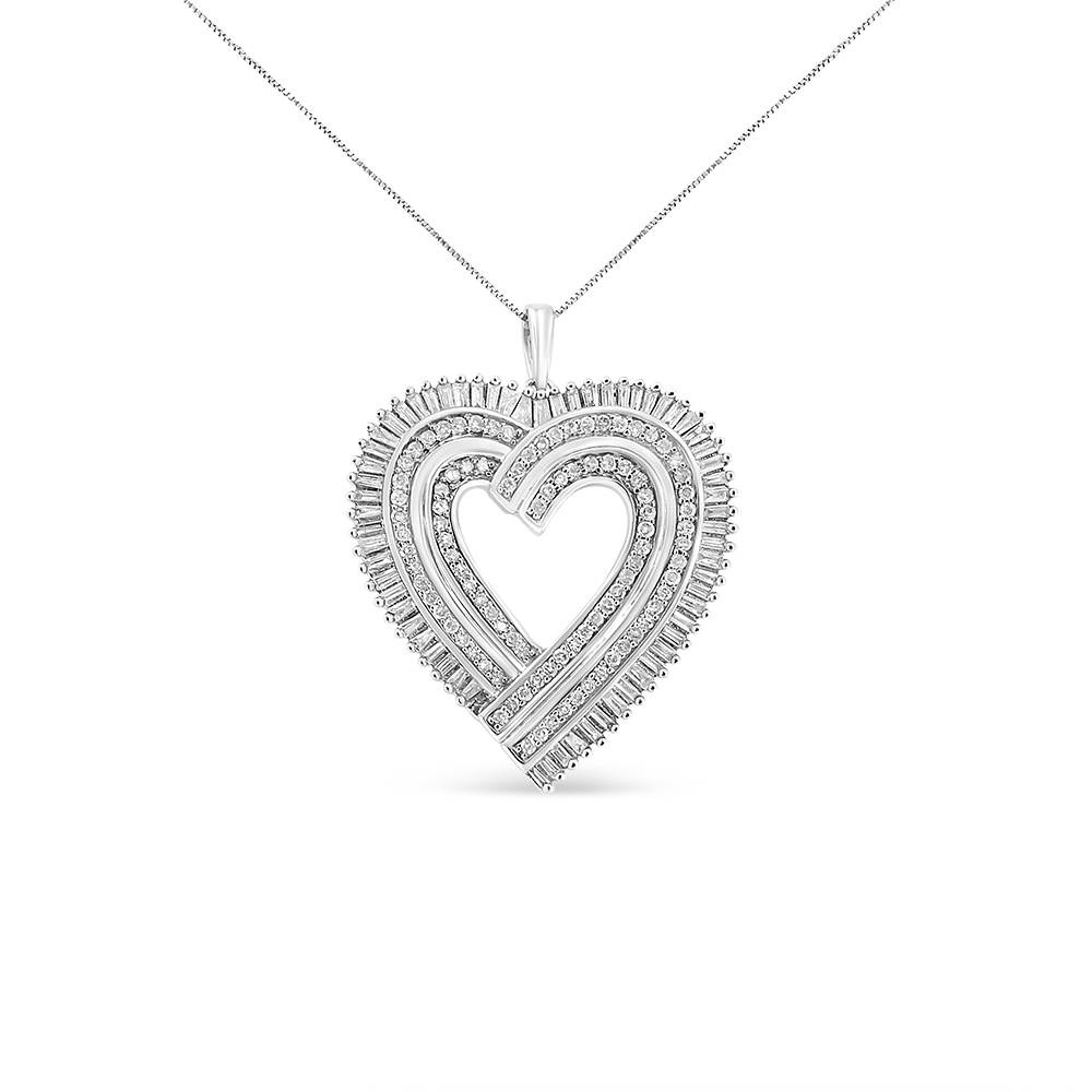 80-6987WDM White .925 Sterling Silver 1.25 CTTW Round & Baguette-Cut Diamond Composite Heart 18 in. Pendant Necklace, I-J Color - I1-I2 Clarity