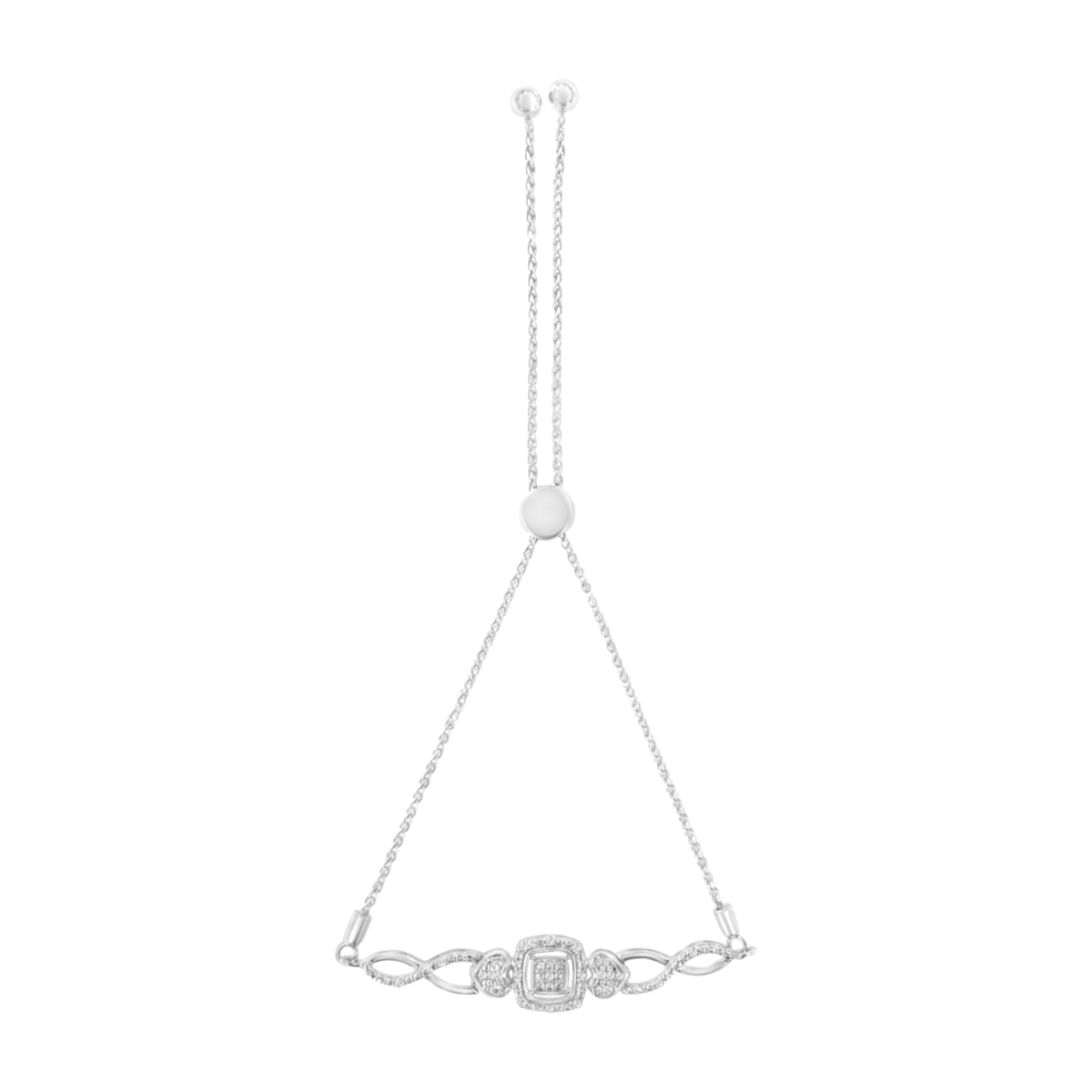 White .925 Sterling Silver Diamond Cushion Frame Heart-Sides Twist 4-10 in. Adjustable Bolo Tennis Bolo Bracelet, I-J Color - I3 Clarity