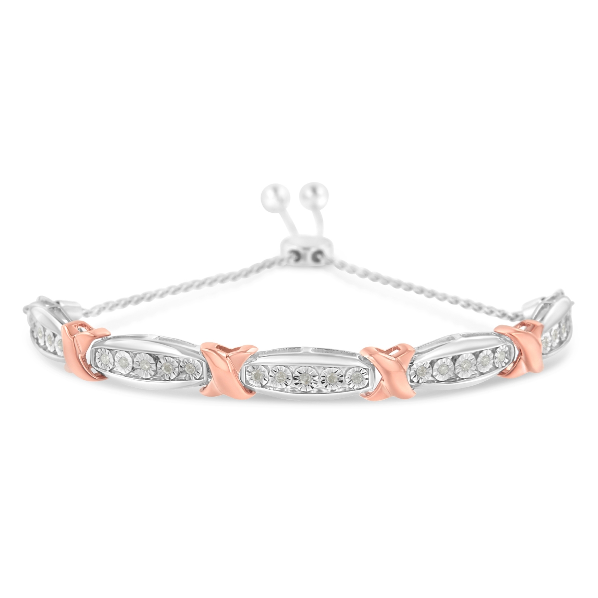 .925 Sterling Silver 0.25 CTTW Round-Cut Diamond X & Tapered Bar Miracle-Set Bolo Bracelet, I-J Color - I3 Clarity - Two Tone Rose Gold & Silver