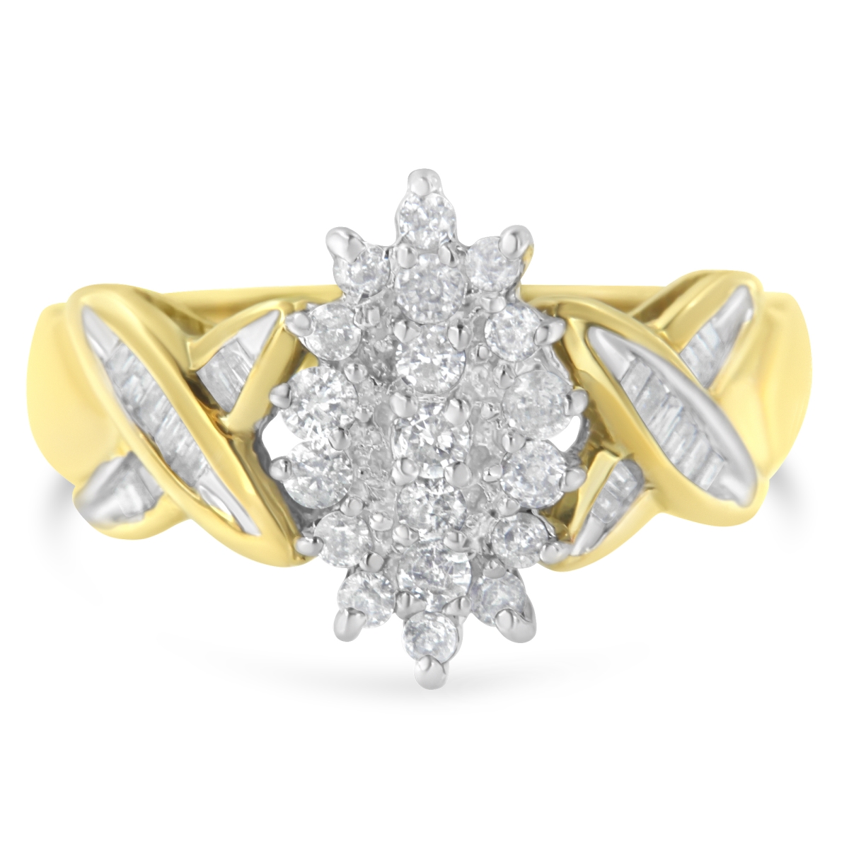 004372R675 White & Yellow 10K Two-Toned Gold Round Baguette Diamond Cluster Ring, 0.50 CTTW - I-J Color - I2-I3 Clarity - Size 6.50