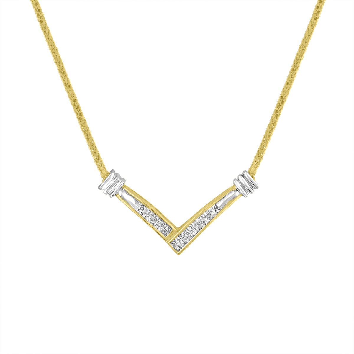 017316NTDM 14K Yellow & White Gold 0.25 CTTW Princess Cut Diamond Channel-Set V Shape 18 in. Pendant Necklace, H-I Color - SI2-I1 Clarity