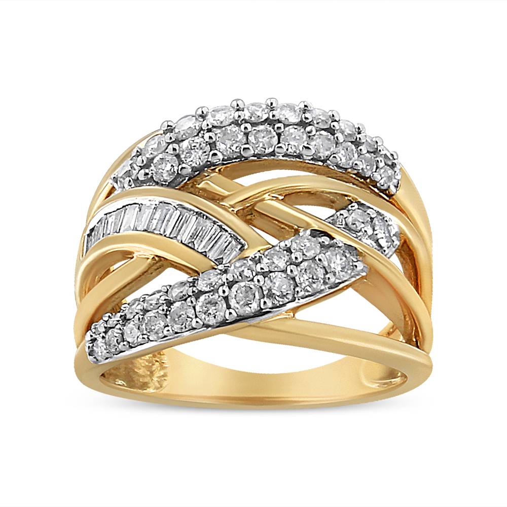 017351R600 10K Yellow & White Gold 1.0 CTTW Round & Baguette-Cut Diamond Multirow Interwoven Cocktail Ring, I-J Color - I2-I3 Quality - Size 6