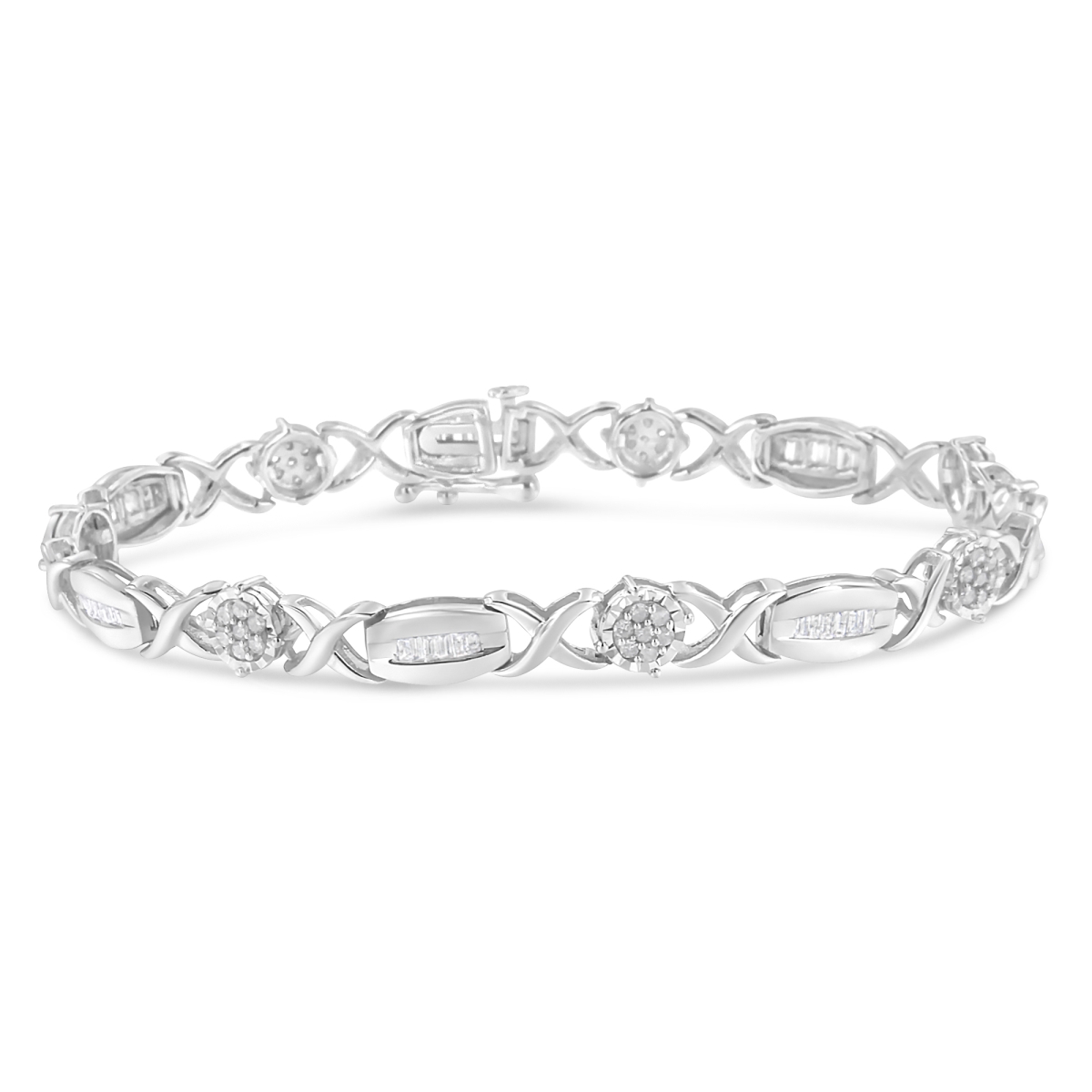 017658B700 White .925 Sterling Silver 1.0 CTTW Round-Cut & Baguette-Cut Diamond X-Link Bracelet, I-J Color - I1-I2 Clarity - 7 in.