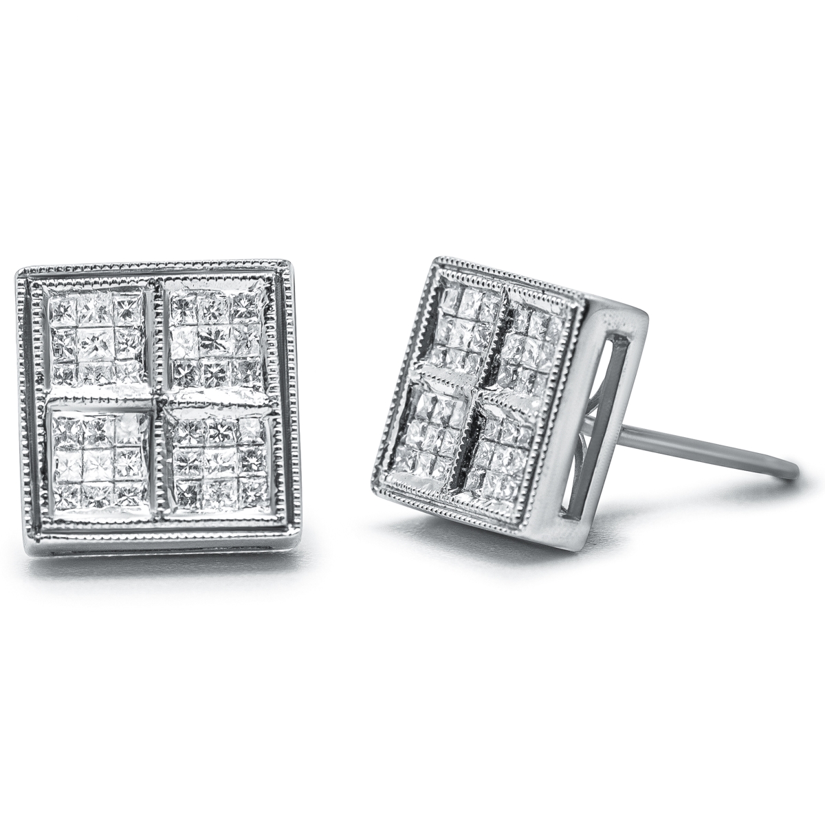 14K White Gold 0.50 CTTW Princess Diamond Composite Box Shape Milgrain Stud Earrings, H-I Color - SI1-SI2 Clarity