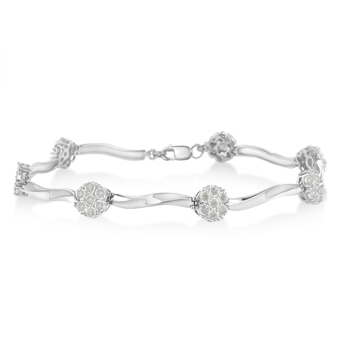 019350B700 White .925 Sterling Silver 1.0 CTTW Diamond Cluster Miracle-Set Station & Twisted Bar 7 in. Tennis Bracelet, H-I Color - I1-I2 Clarity