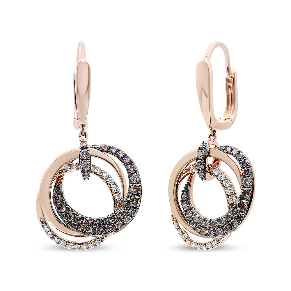 14K Rose Gold 1.00 CTTW White & Brown Diamond Intertwining Hoops & Circle Dangle Earrings, H-I & Brown Color - SI1-SI2 Clarity
