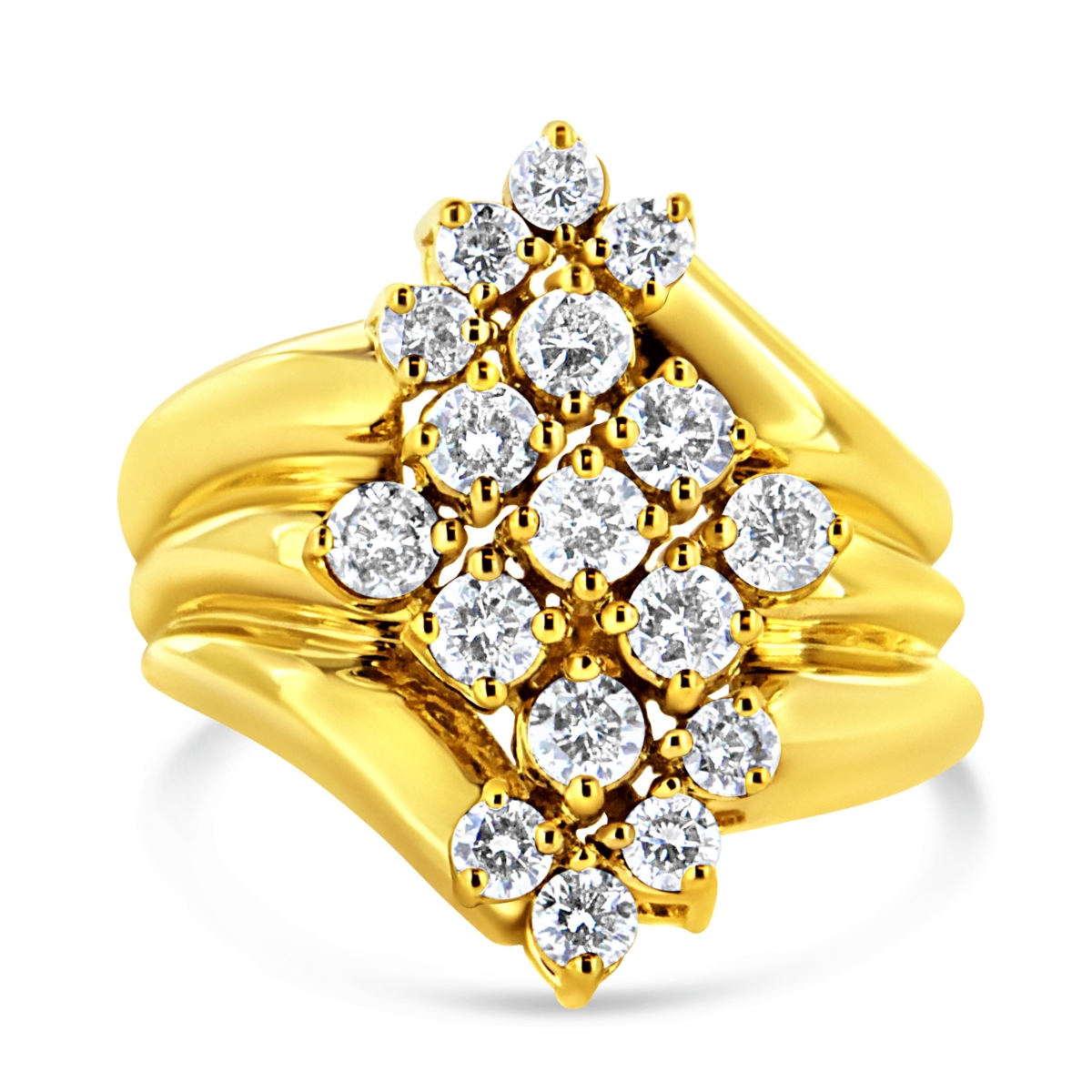019424R800 10K Yellow Gold 1.50 CTTW Diamond Cluster Tapered Shank Cocktail Ring Cocktail Ring, I-J Color - I1-I2 Clarity - Ring Size 8