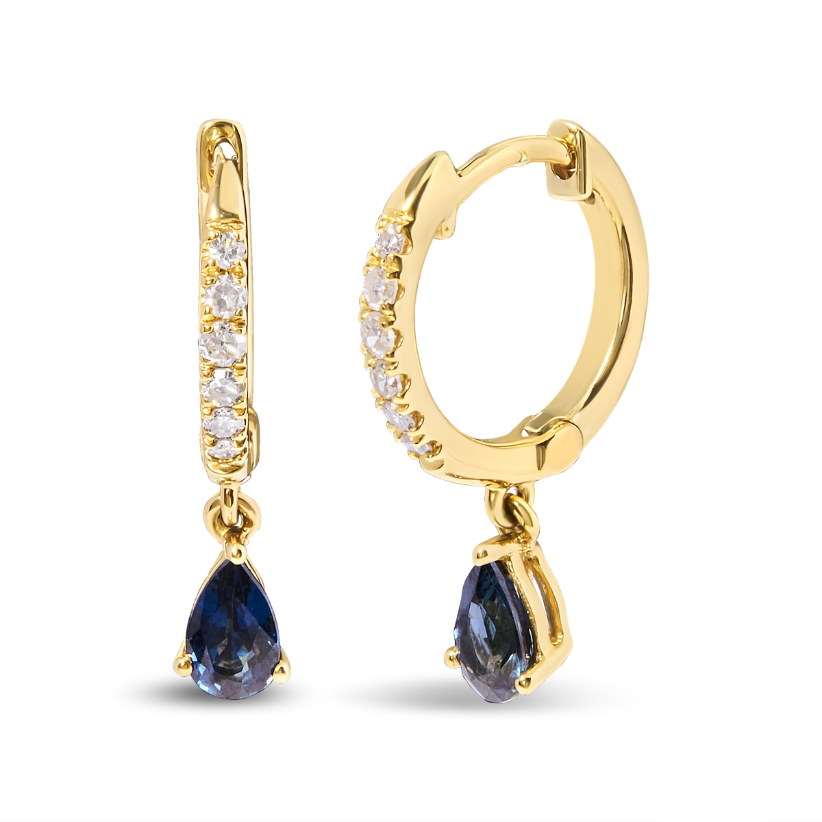 021104EASH 10K Yellow Gold Pear Blue Sapphire & 0.1 CTTW Diamond Drop & Dangle Huggy Hoop Earrings, H-I Color - I1-I2 Clarity