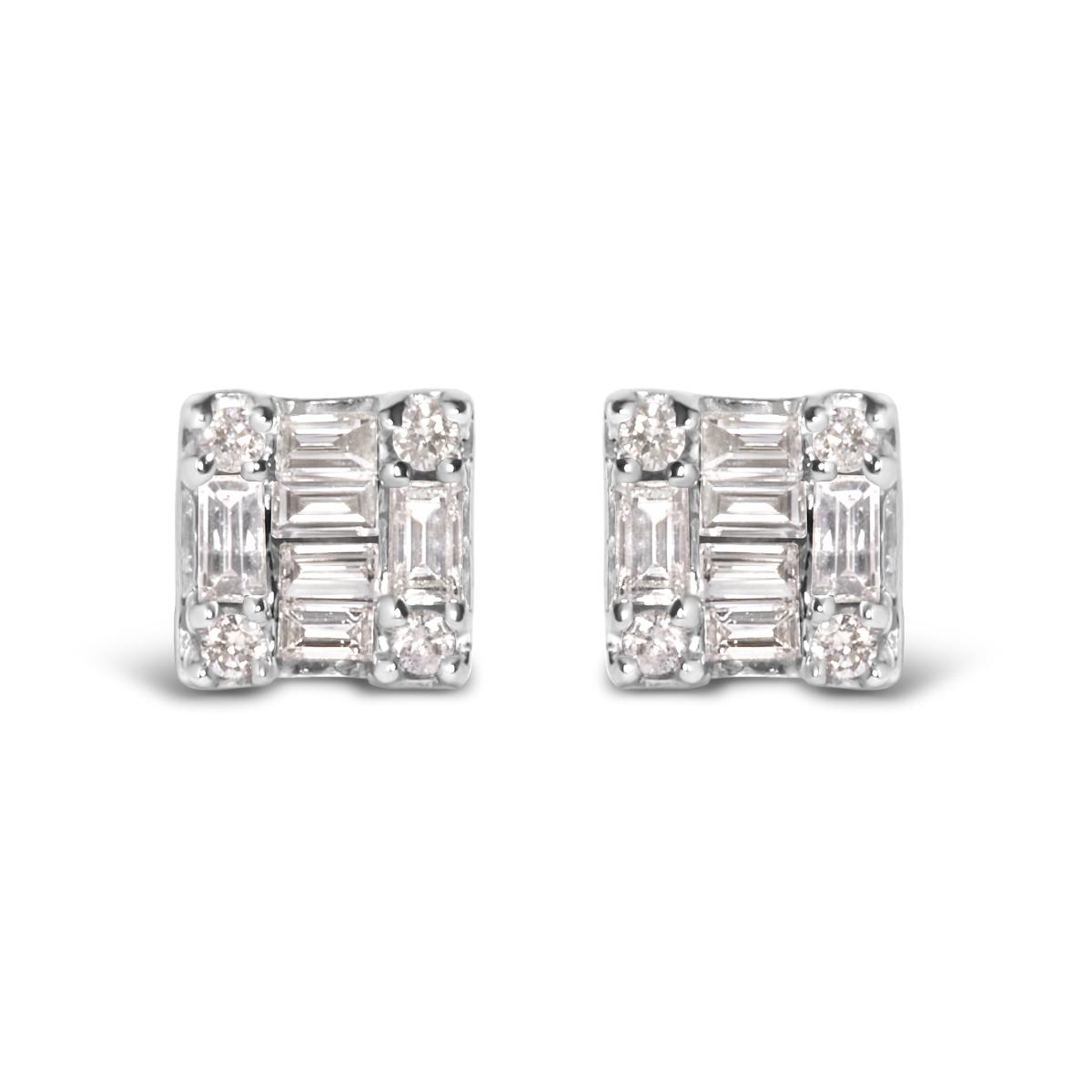 021106EASH 10K White Gold 0.15 CTTW Round & Baguette Diamond Mosaic Square Stud Earrings, H-I Color - I1-I2 Clarity