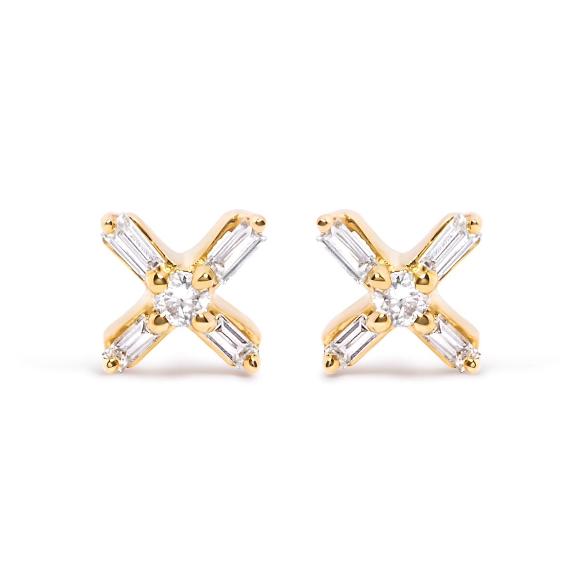 021107EASH 10K Yellow Gold 0.1 CTTW Round & Baguette Diamond Criss Cross X Stud Earring, H-I Color - I1-I2 Clarity