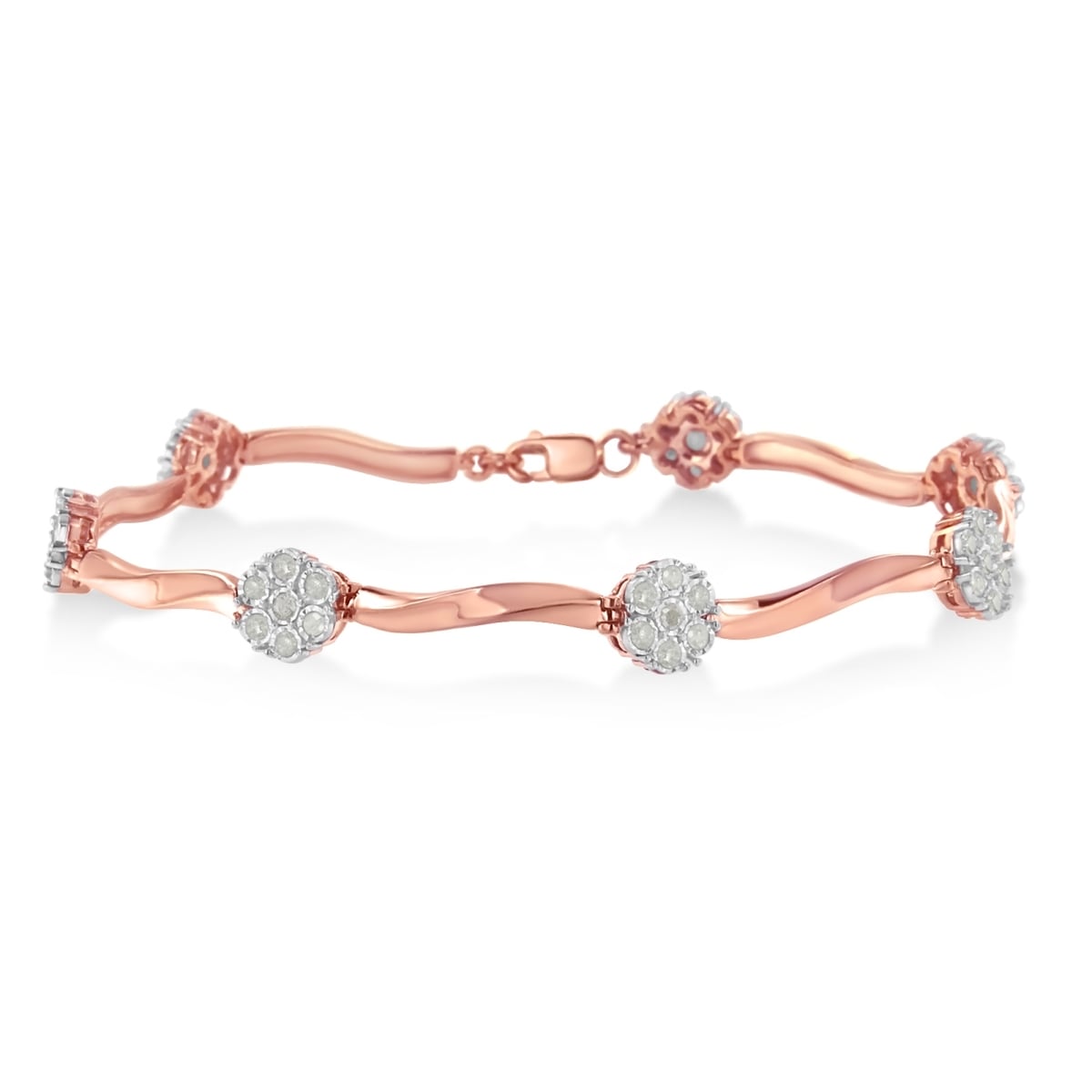 925 10k Rose Gold Over Sterling Silver 1.0 CTTW Diamond Floral Link Bracelet, I-J Color - I3 Clarity