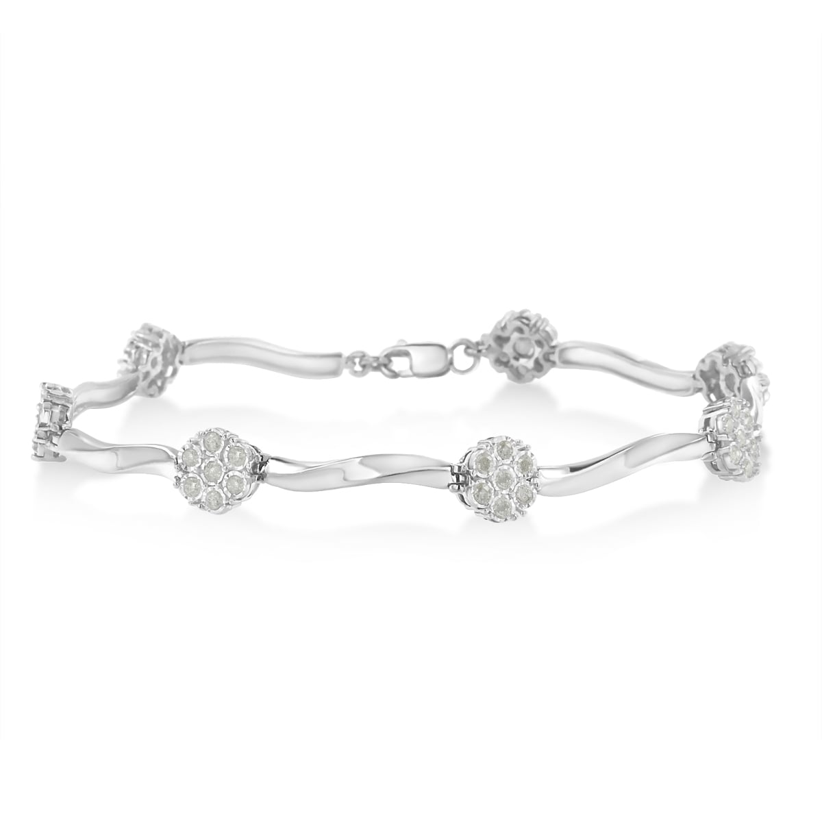 White .925 Sterling Silver 1.0 CTTW Miracle-Set Diamond 7 Stone Floral Cluster Link Bracelet, I-J Color - I3 Clarity -7 in.