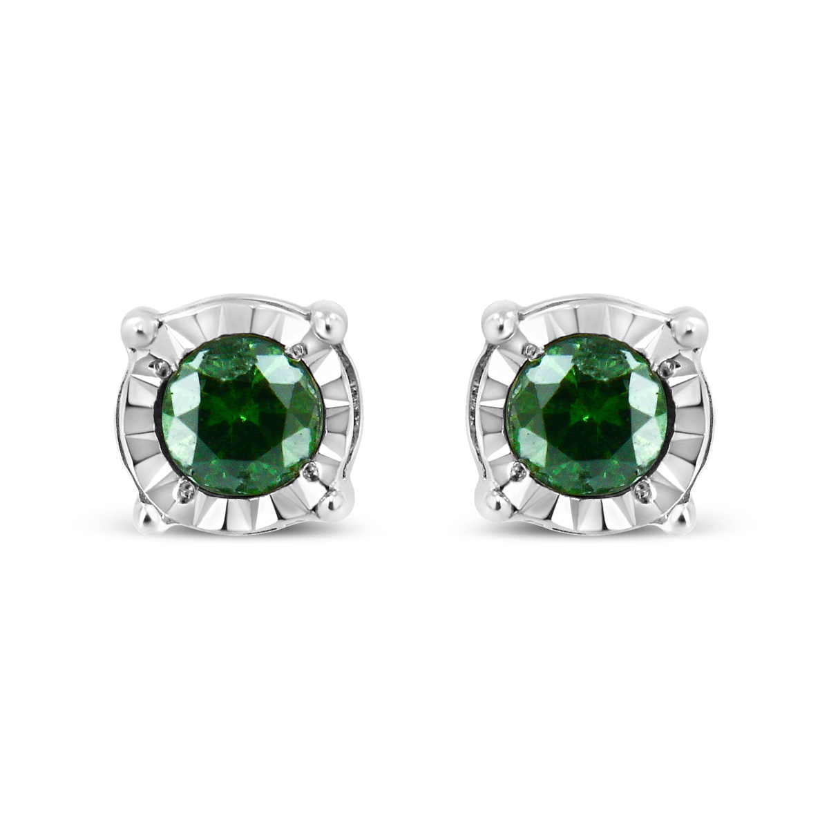 70-5431WGD White Sterling Silver Rose Cut Treated Green Diamond Solitaire Stud Earrings, 0.25 CTTW - Green Color - I2-I3 Clarity