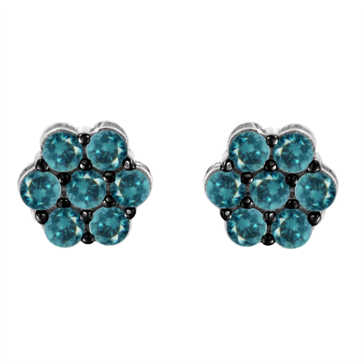 70-5435WBD White Sterling Silver Treated Blue Diamond Floral Stud Earrings, 1 CTTW - Blue Color - I2-I3 Clarity