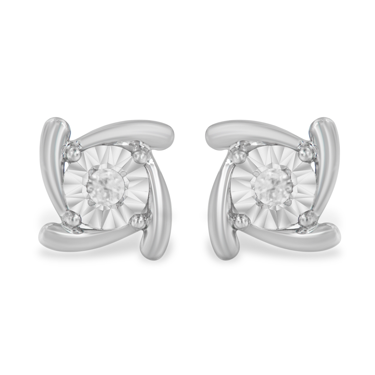 White .925 Sterling Silver 0.1 CTTW Round Brilliant-Cut Near Colorless Diamond Miracle-Set Square Pinwheel Stud Earrings, I-J Color - I3 Clarity -  Precious Stone, PR4423089