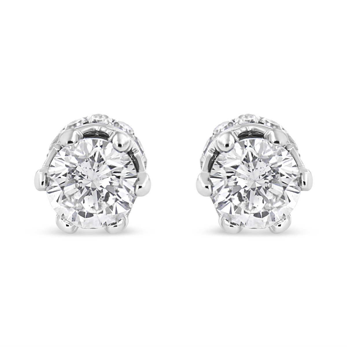 14K White Gold 1.0 CTTW Round Cut Prong-Set Diamond Crown Stud Earring, I-J Color - I1-I2 Clarity