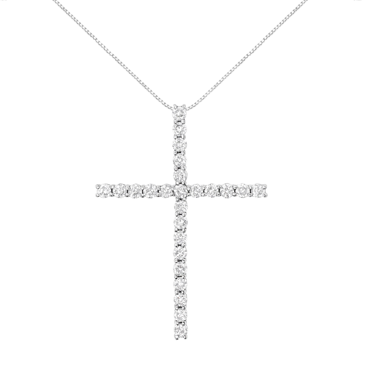 White .925 Sterling Silver 3.0 CTTW Round Shape Diamond 1.50 in. Cross Pendant with Box Chain Necklace, I-J Color - I2-I3 Clarity - 18 in.