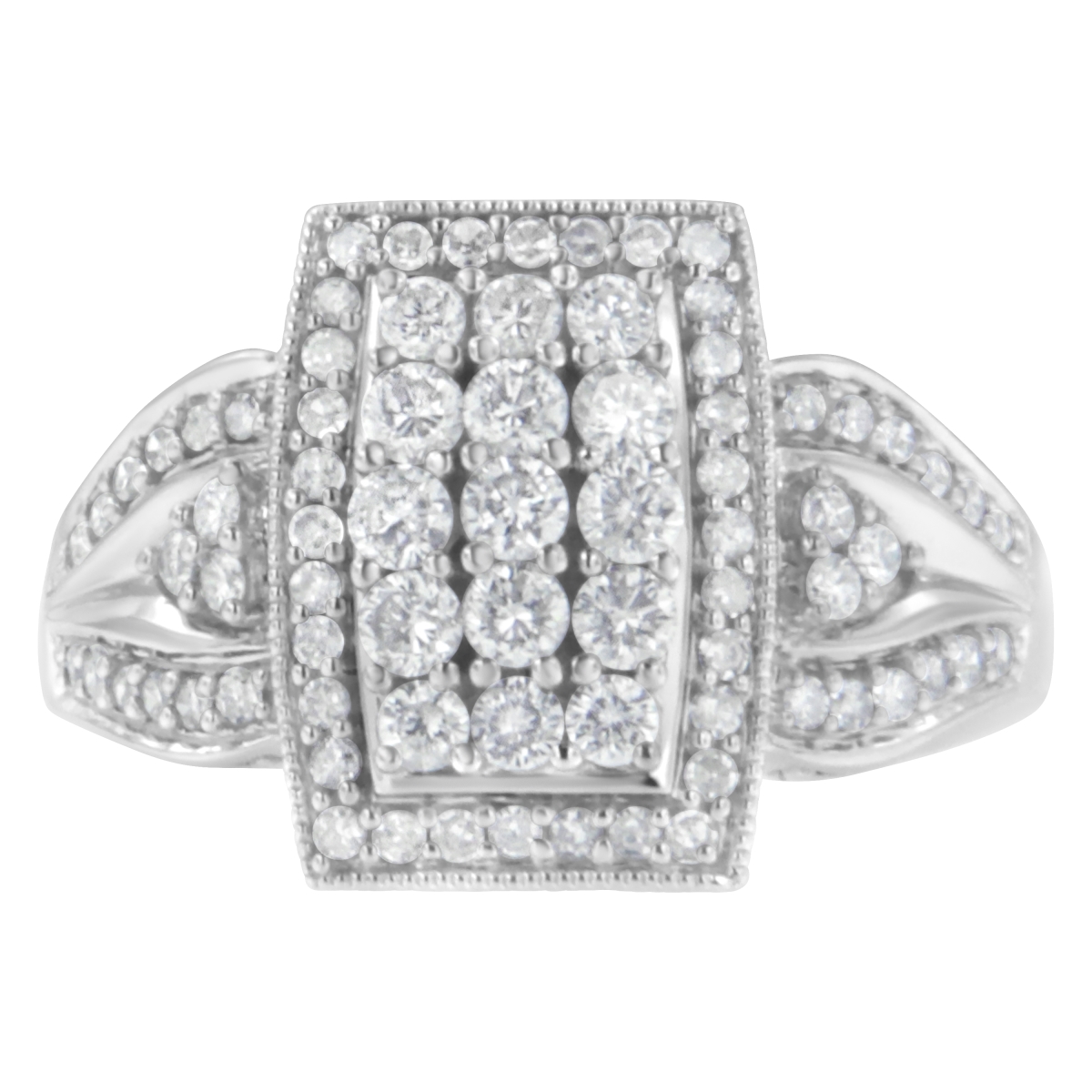 10K White Gold 1.0 CTTW Diamond Rectangular Cushion Shaped Cluster Halo Flared Band Cocktail Fashion Ring, H-I Color - SI2-I1 Clarity - Size 6