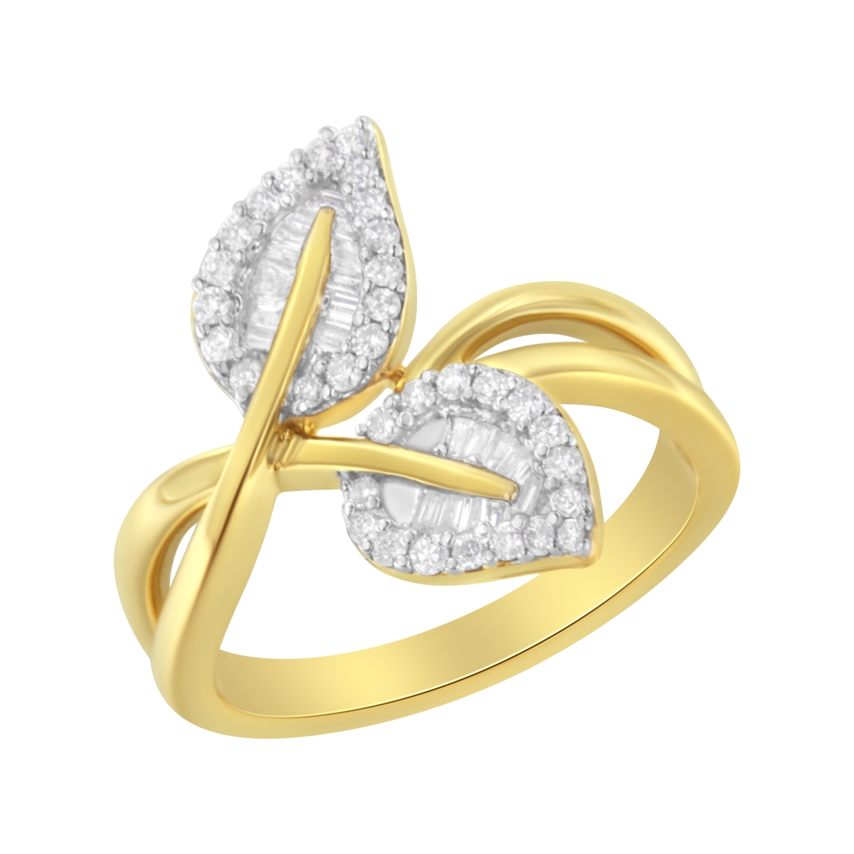 10K Yellow Gold 0.37 CTTW Round & Baguette-Cut Diamond Leaf Cocktail Ring - Size 8, I-J Color - I1-I2 Clarity