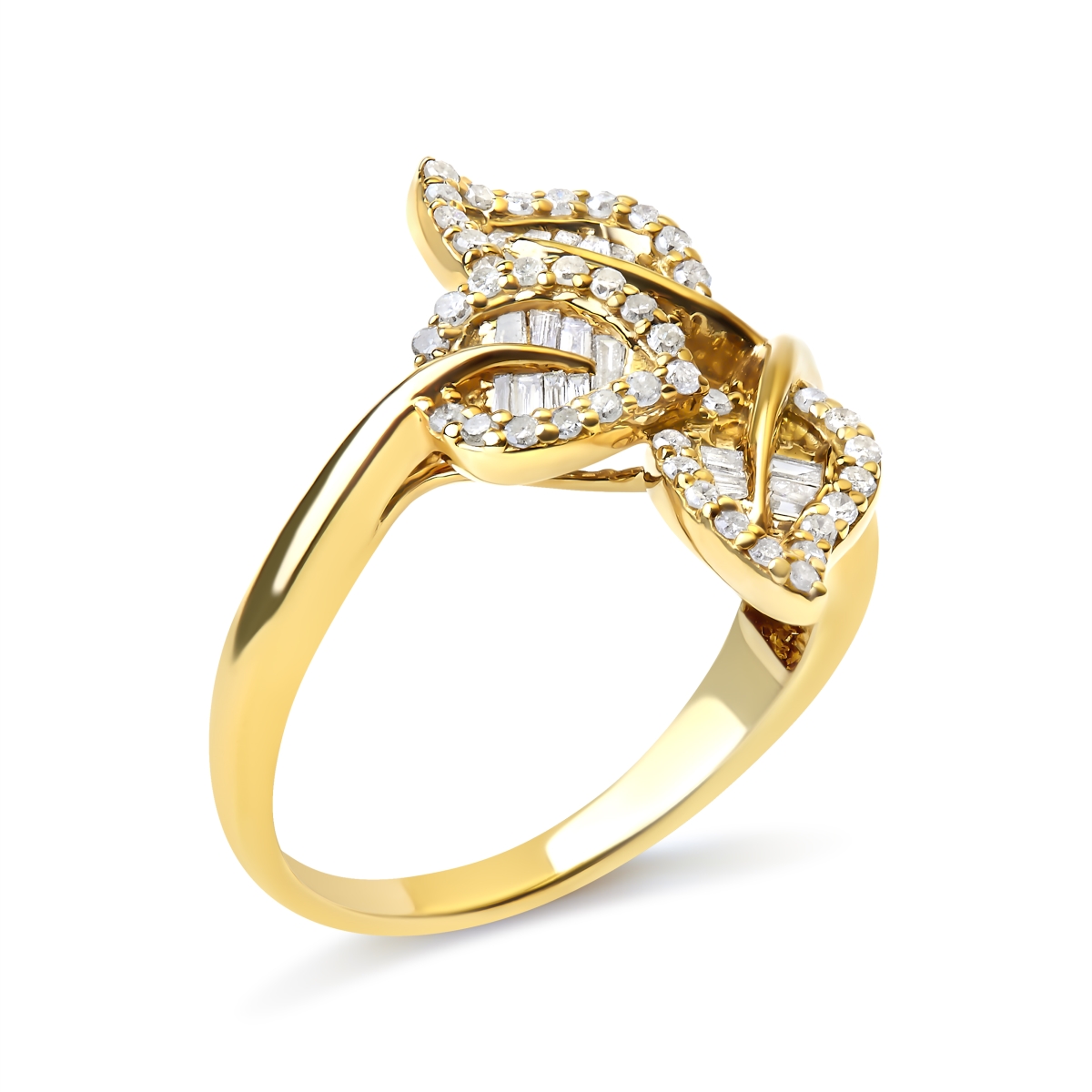 016416R600 10k Yellow & White Gold 0.50 CTTW Baguette & Round Diamond Bypass Triple Leaf Ring, I-J Color - I1-I2 Clarity - Size 6