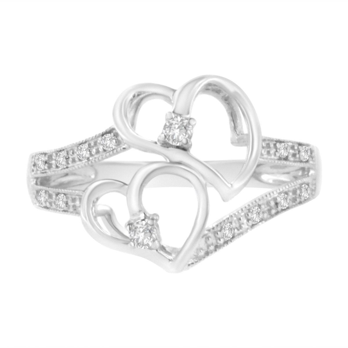 14KT White Gold 0.10 CTTW Diamond Twin Heart Ring - Size 6.5