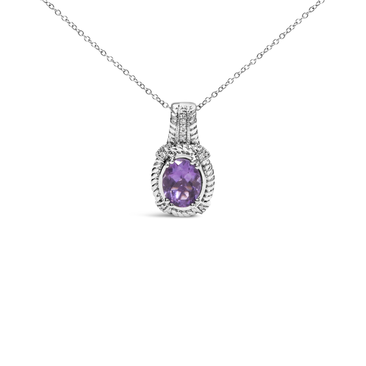 White .925 Sterling Silver 9 x 7 mm Oval Purple Amethyst & Round Diamond Accent Fashion Drop Pendant 18 Inch Necklace, I-J Color - I1-I2 Clarity