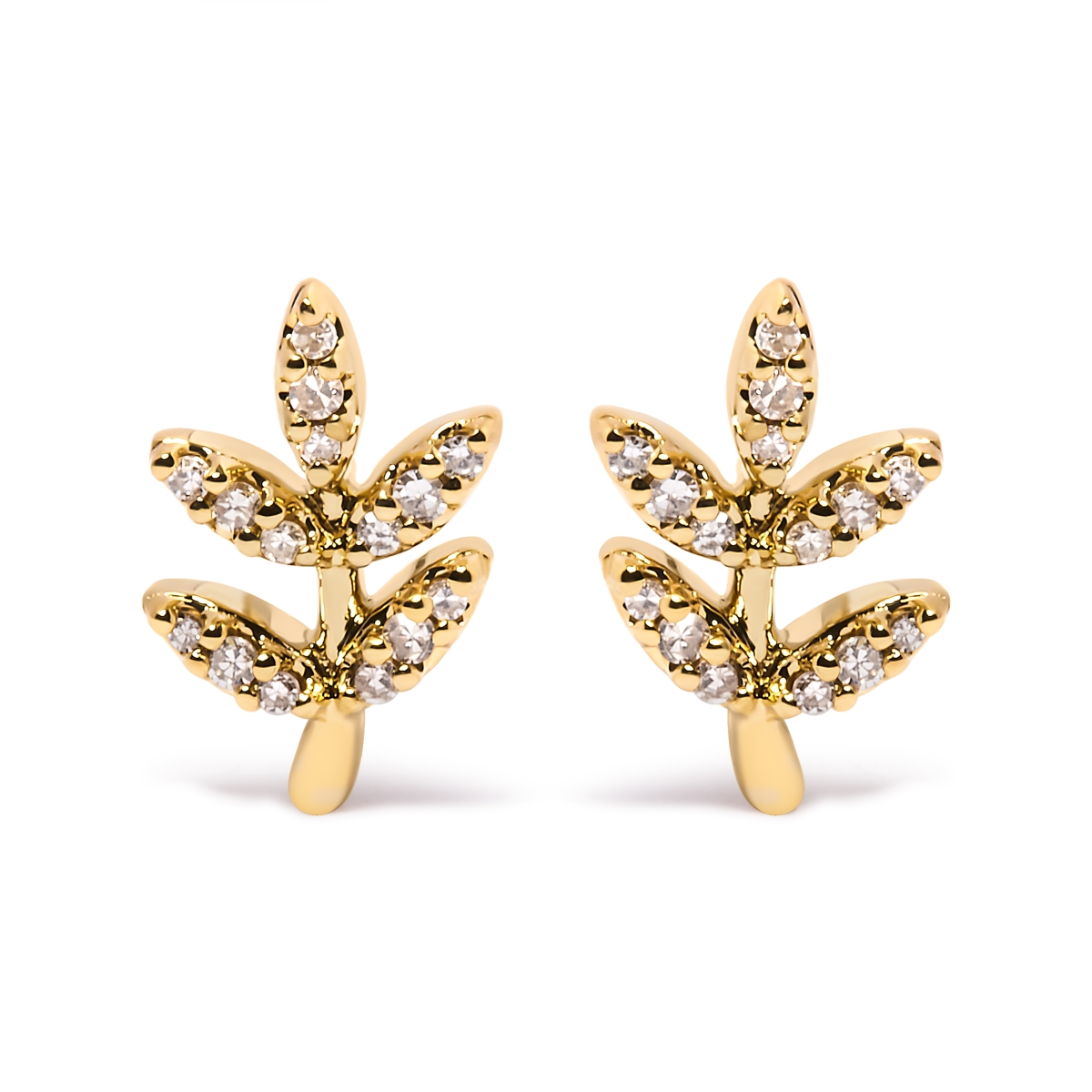 10K Yellow Gold 0.1 CTTW Diamond Accented Leaf & Branch Stud Earrings, H-I Color - I1-I2 Clarity