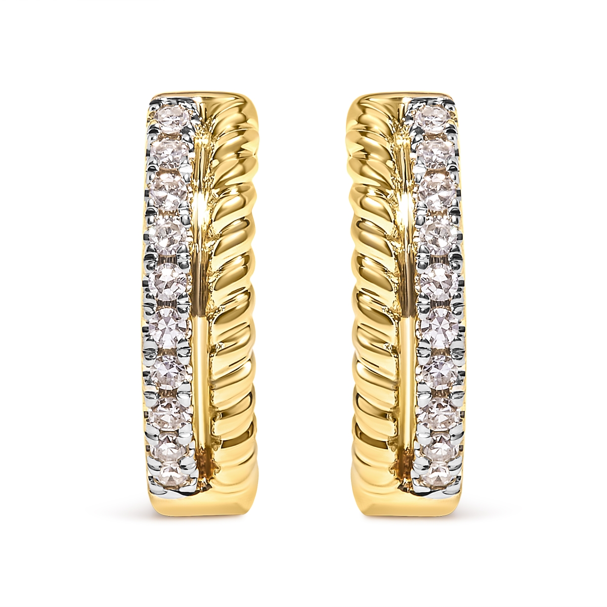 10K Yellow Gold 0.1 CTTW Diamond & Rope Twist Huggy Hoop Earrings, H-I Color - I1-I2 Clarity