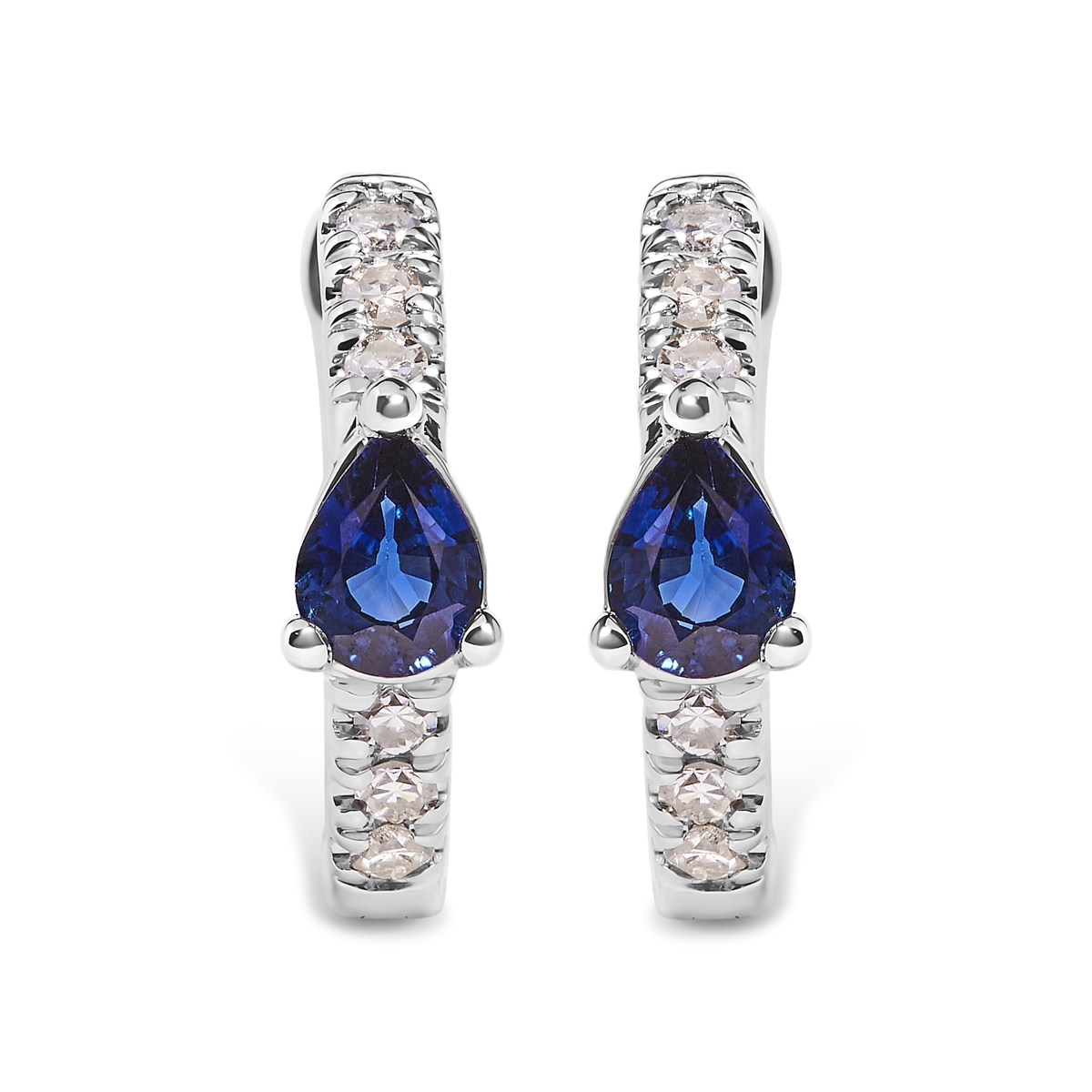 021114EASH 10K White Gold Pear Shaped Blue Sapphire & 0.1 CTTW Diamond Huggy Hoop Earrings, H-I Color - I1-I2 Clarity