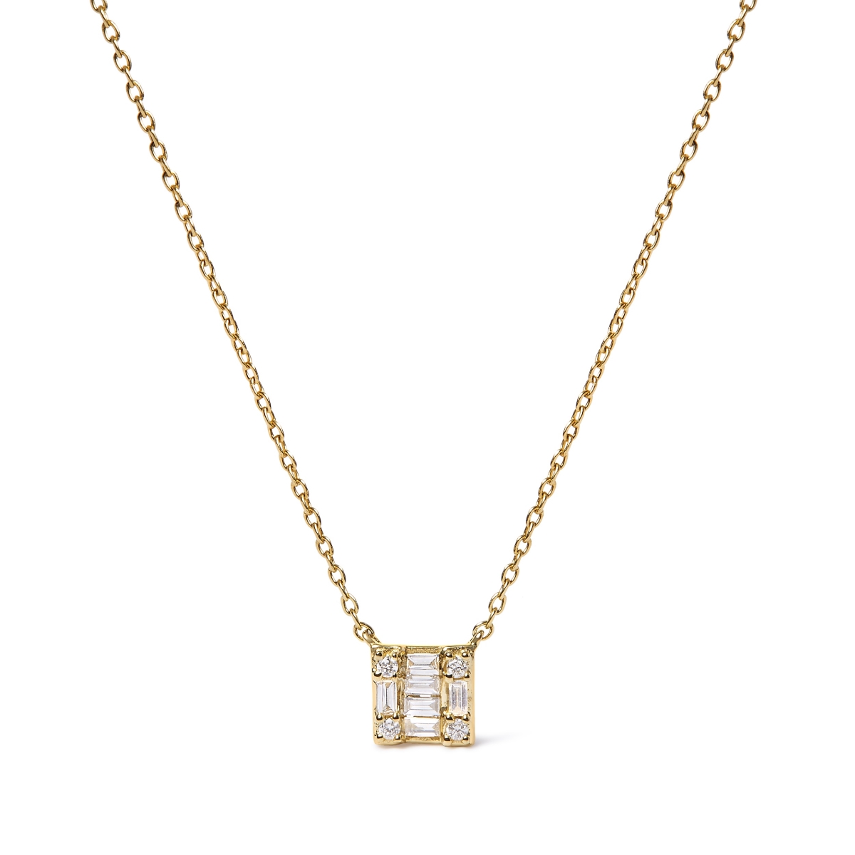 10K Yellow Gold 0.1 CTTW Round & Baguette Diamond Mosaic Composite Square 18 in. Pendant Necklace, H-I Color - I1-I2 Clarity