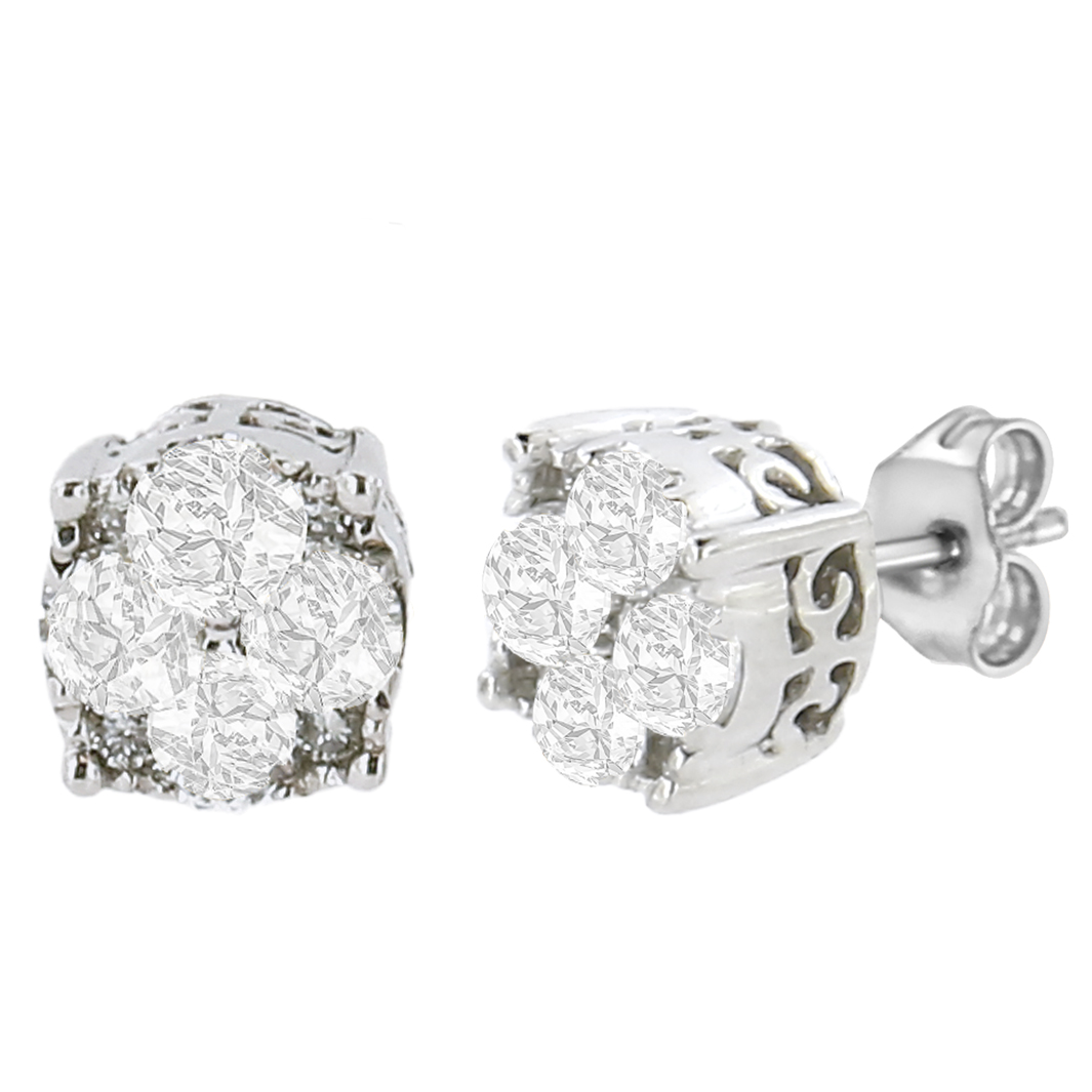 70-6011WDM White .925 Sterling Silver 0.50 CTTW Prong Set Round-Cut Diamond Cluster Stud Earring, I-J Color - I2-I3 Clarity