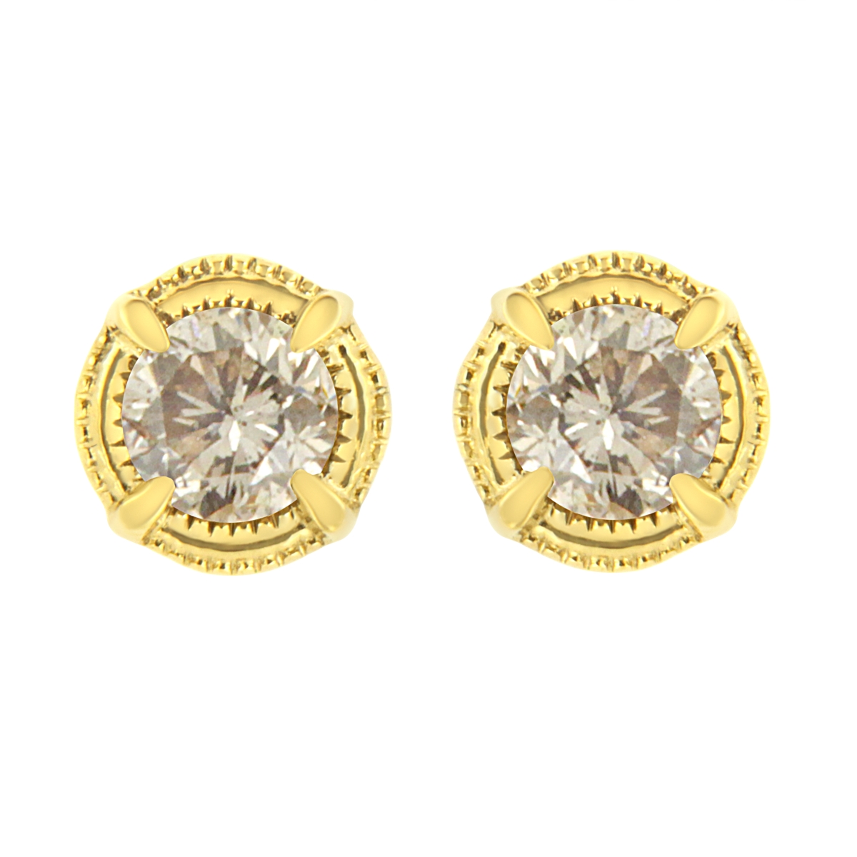 14K Yellow Gold Plated .925 Sterling Silver 0.33 CTTW Round Brilliant Cut Diamond Solitaire Milgrain Stud Earrings, K-L Color - I2-I3 Clarity