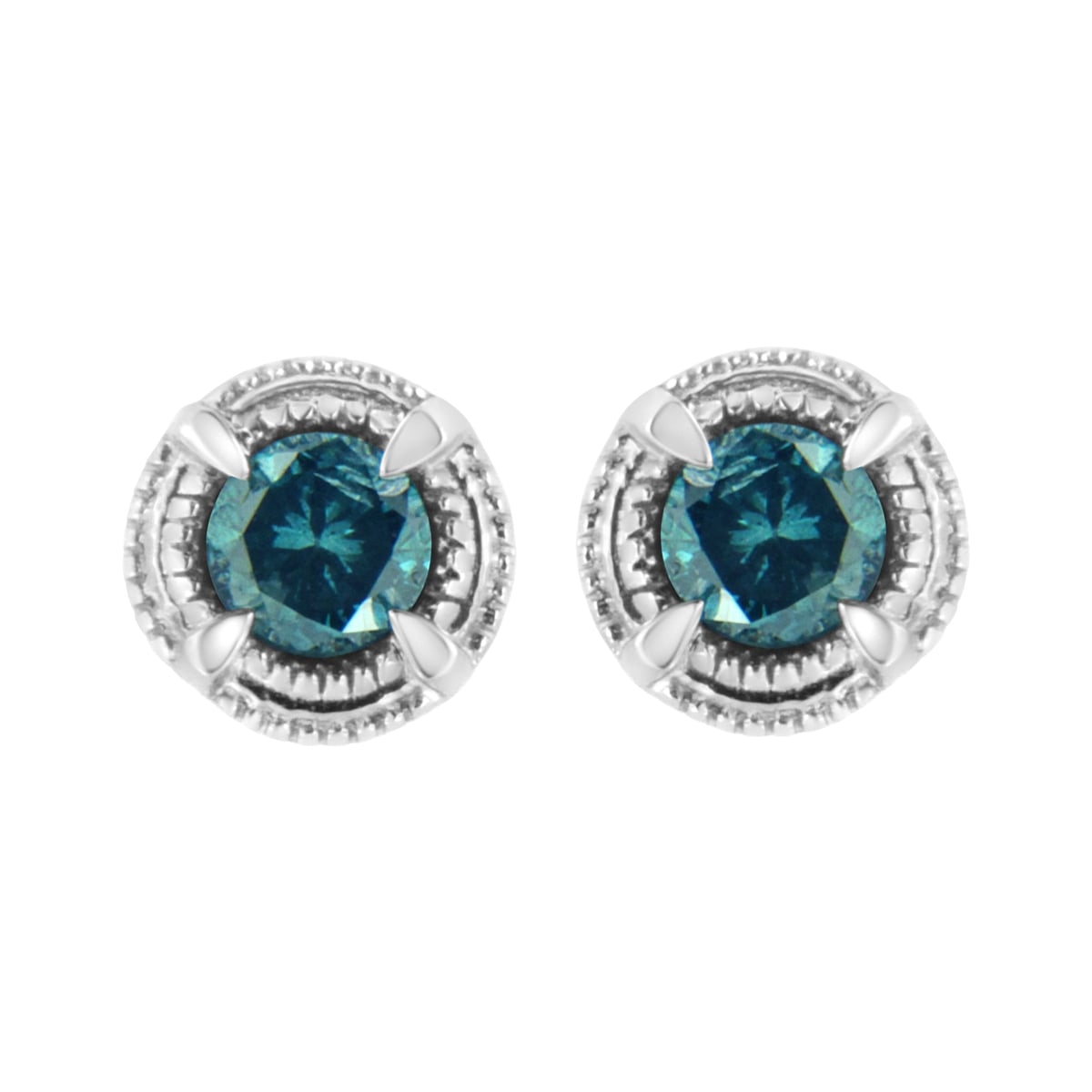 70-6032WBD White .925 Sterling Silver 1.50 CTTW Treated Blue Diamond Modern 4-Prong Solitaire Milgrain Stud Earrings, Blue Color - I1-I2 Clarity
