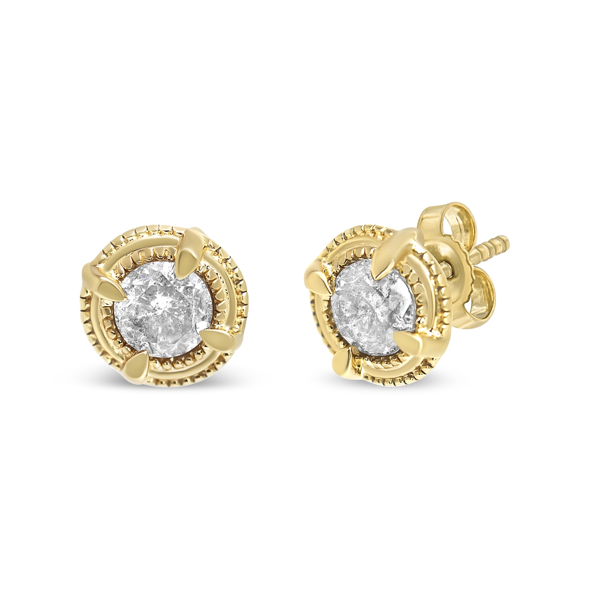 14K Yellow Gold Plated .925 Sterling Silver 1.50 CTTW Round Brilliant Cut Diamond Solitaire Milgrain Stud Earrings, K-L Color - I2-I3 Clarity