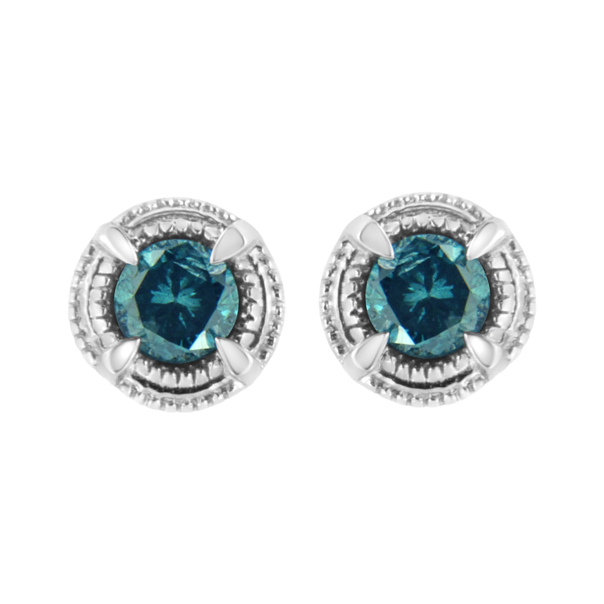70-6035WBD White .925 Sterling Silver 0.50 CTTW Treated Blue Diamond Modern 4-Prong Solitaire Milgrain Stud Earrings, Blue Color - I1-I2 Clarity
