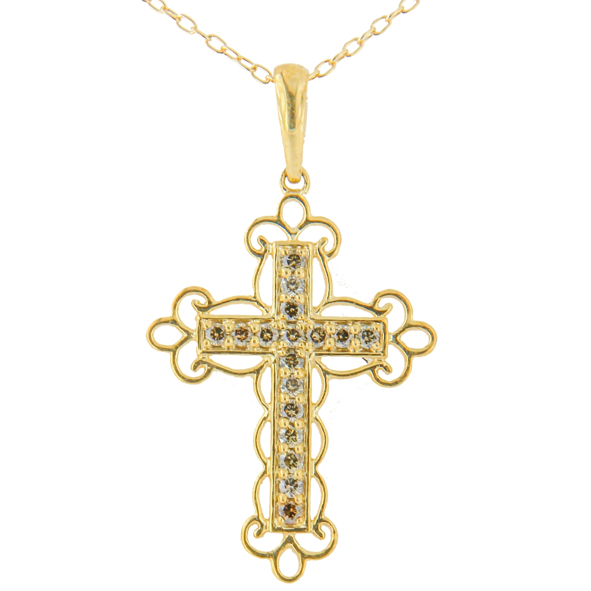 10K Yellow Flashed .925 Sterling Silver 0.25 CTTW Champagne Diamond Filigree Cross Pendant Necklace, K-L Color - I1-I2 Clarity - 18 in.
