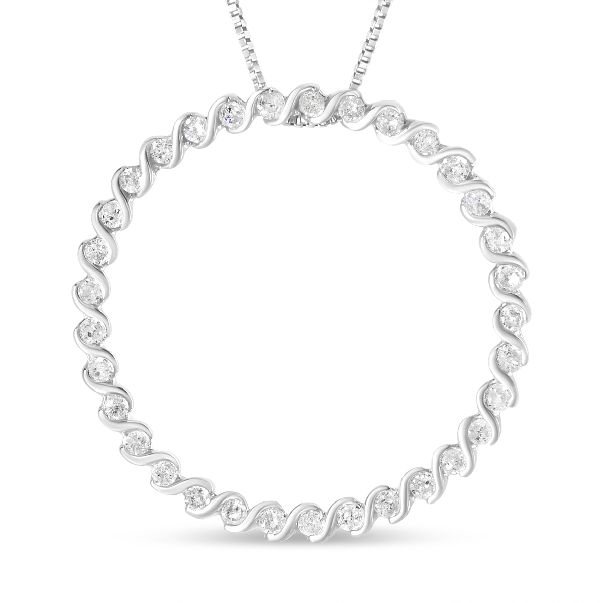 80-8665WDM White .925 Sterling Silver 0.75 CTTW Round Diamond Spiral Curved Circle Pendant 18 in. Necklace, I-J Color - I3 Clarity