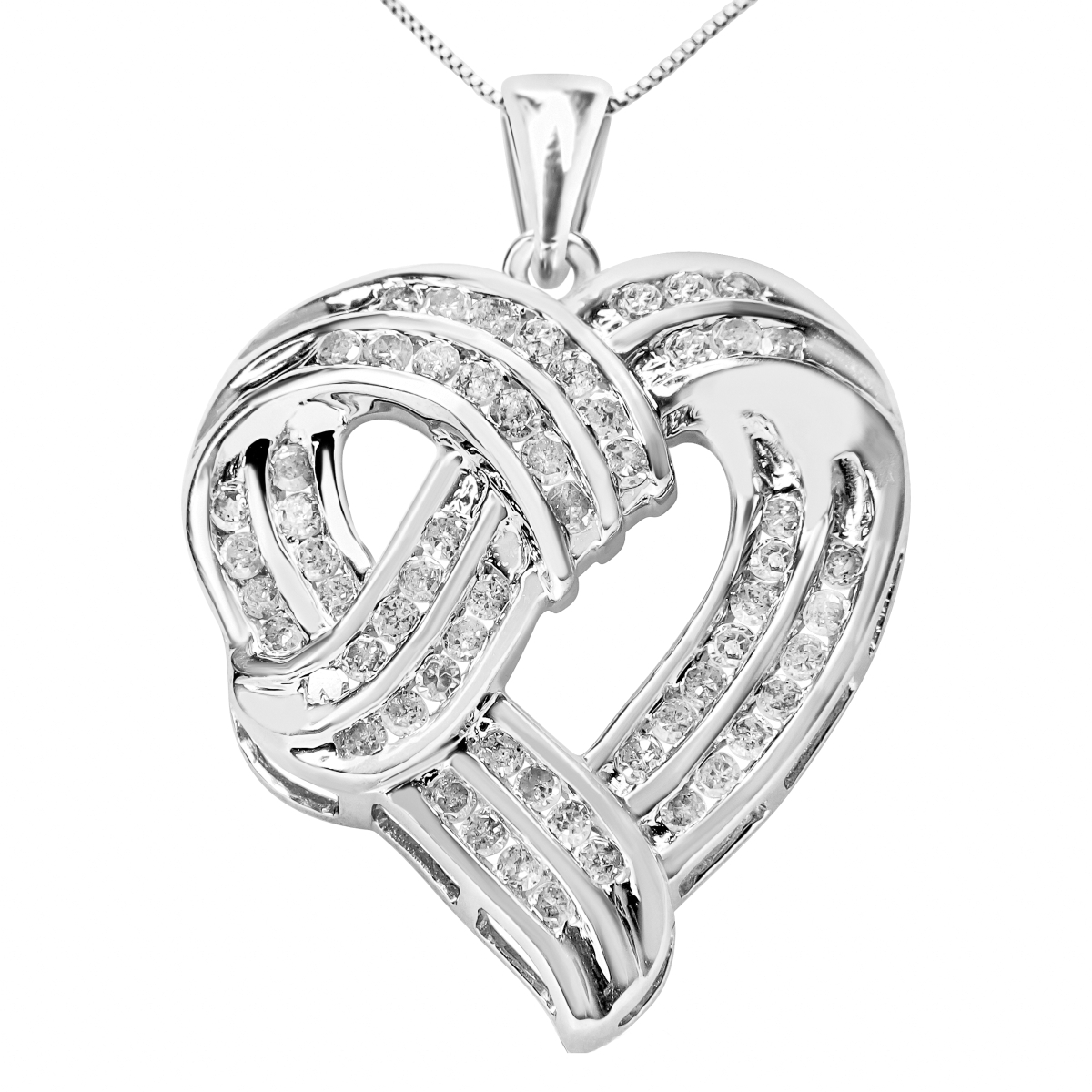 80-8670WDM White .925 Sterling Silver 1.25 CTTW Round Diamond Openwork Ribbon Weave Heart Pendant 18 in. Necklace, I-J Color - I3 Clarity