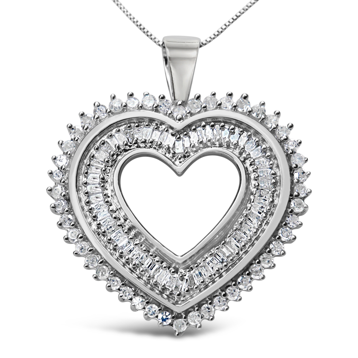 80-8674WDM White .925 Sterling Silver 1.0 CTTW Baguette & Round Diamond Heart Pendant 18 in. Necklace, H-I Color - I3 Clarity