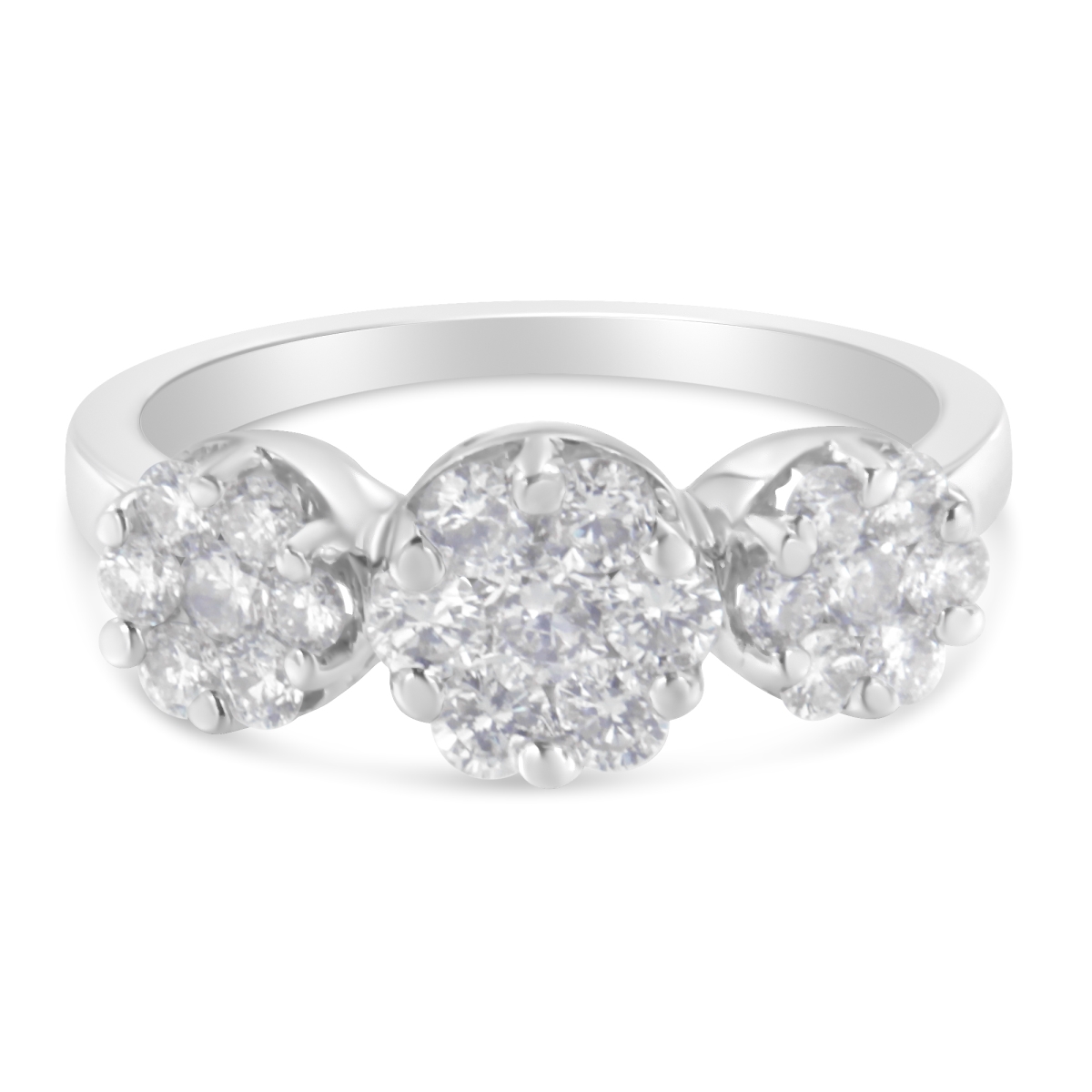 14K White Gold 1.25 CTTW Brilliant Cut Diamond Three Round Floral Clusters Engagement or Fashion Ring, H-I Color - SI2-I1 Clarity - Size 7
