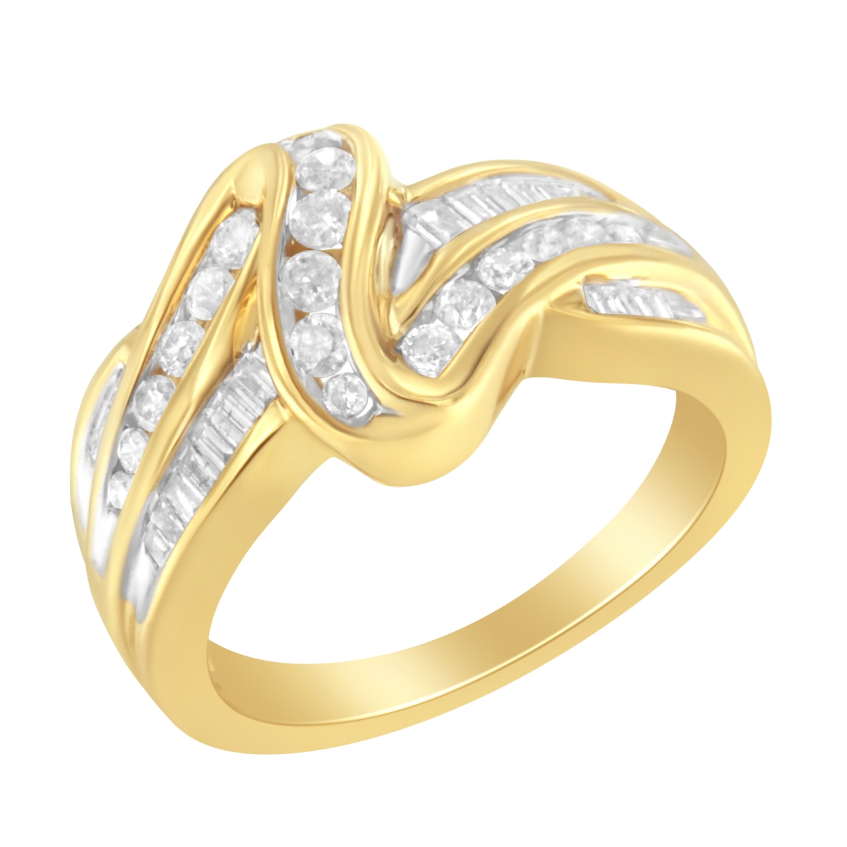015482R675 10K Yellow Gold 0.75 CTTW Channel Set Round & Baguette-cut Diamond Double Shank Bypass Ring, J-K Color - I1-I2 Clarity - Size 6.75
