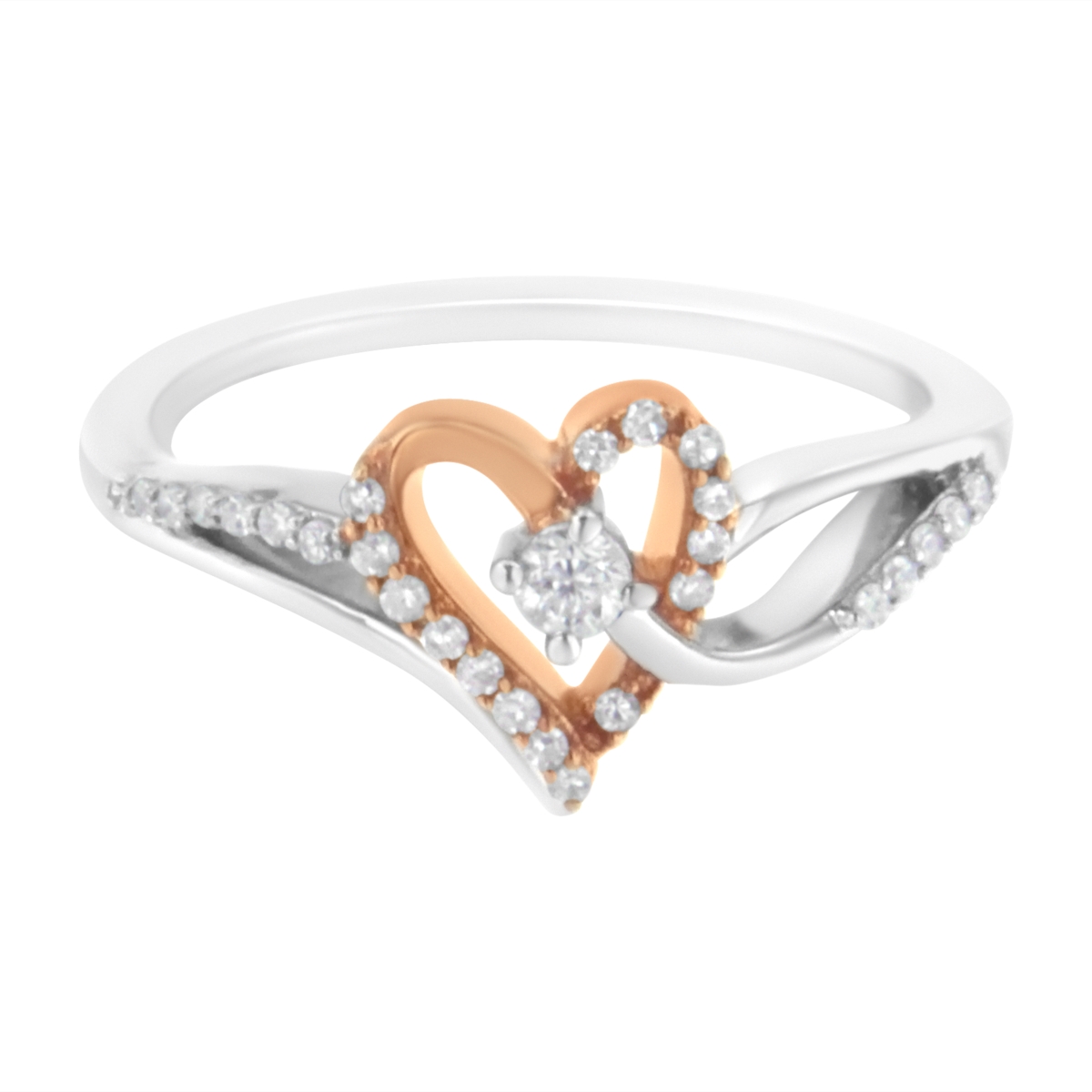 10K Rose Gold Plated .925 Sterling Silver 0.22 CTTW Diamond Two Tone Open Heart Promise or Fashion Ring, I-J Color - I2-I3 Clarity - Size 7.50