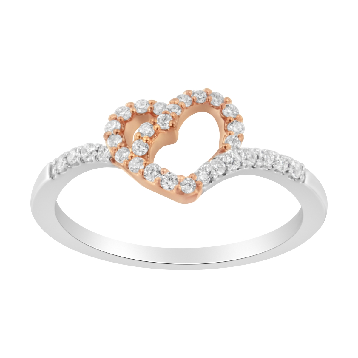 10K Rose Gold Over .925 Sterling Silver 0.22 CTTW Diamond Two Tone Open Heart Promise or Fashion Ring, I-J Color - I2-I3 Clarity - Size 7