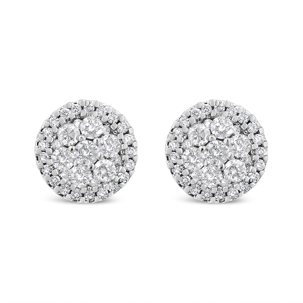 016486E4DM 14K White Gold 1.0 CTTW Brilliant-Cut Diamond Halo-Style Cluster Round Button Stud Earrings, H-I Color - I1-I2 Clarity -  Infinite Jewels