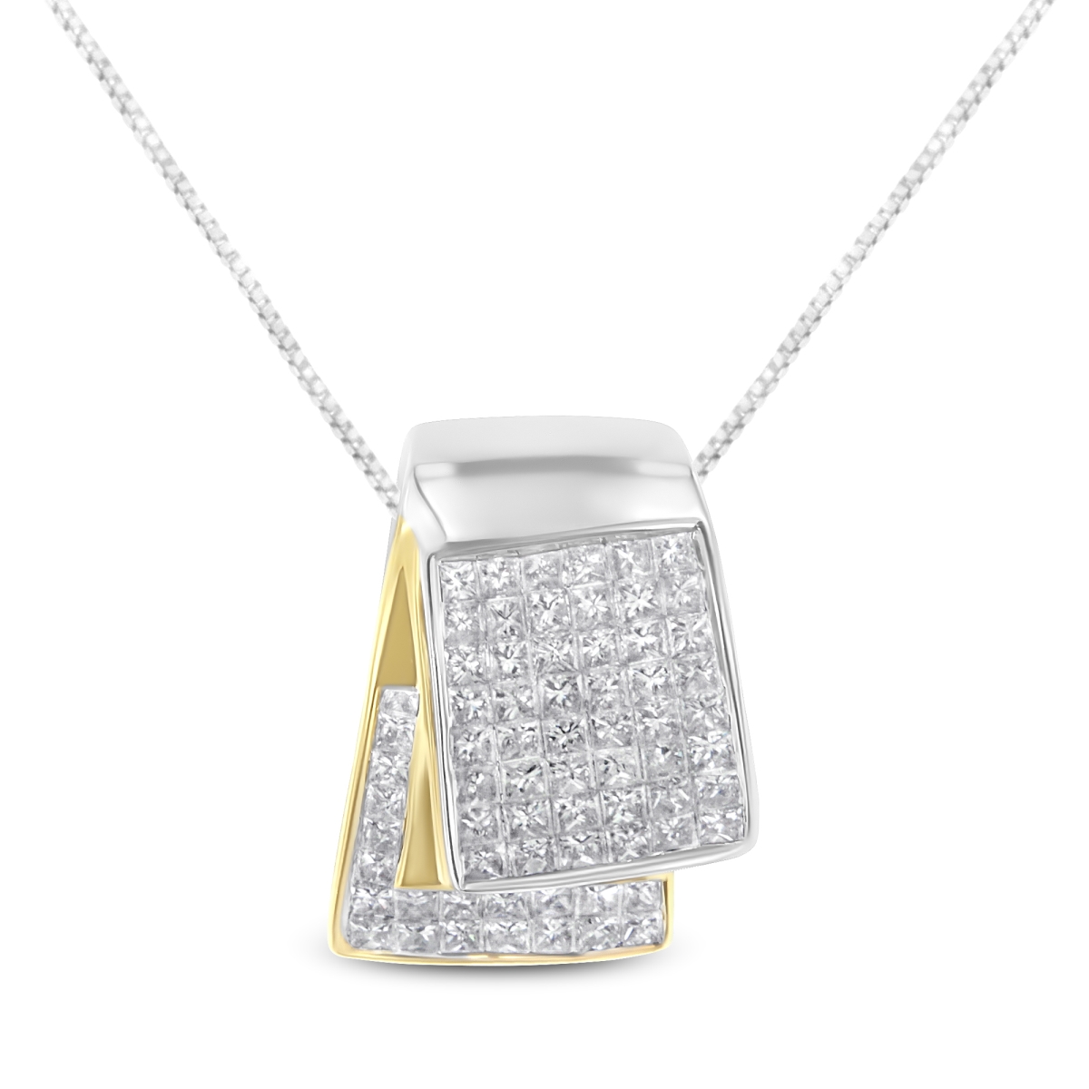 14K White & Yellow Gold 2.0 CTTW Princess Cut Diamond Two Tone FoldOver Box Pendant 18 in. Box Chain Necklace, H-I Color - SI1-SI2 Clarity