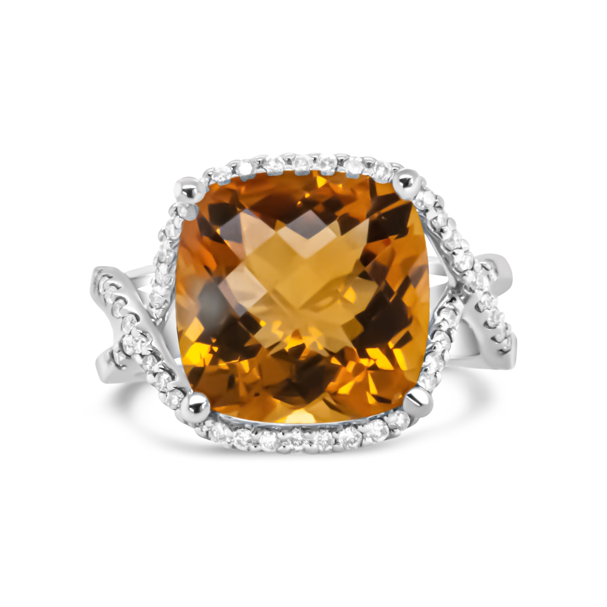 14K White Gold 12 mm Cushion Cut Yellow Citrine Gemstone & 0.33 CTTW Round Pave-Set Diamond Ring, H-I Color - VS1-VS2 Clarity- Size 6.5 -  Infinite Jewels, 019897RASH