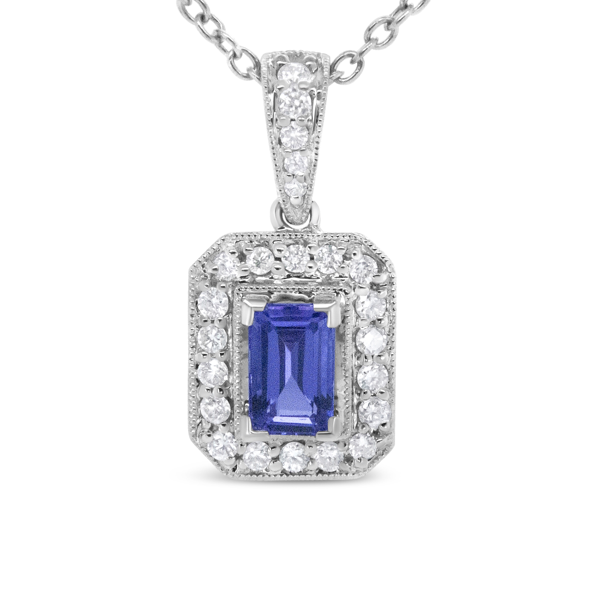 18K White Gold 0.25 CTTW Round Diamond & 6 x 4 mm Purple Tanzanite Halo 18 in. Pendant Necklace, H-I Color - VS1-VS2 Clarity -  Precious Stone, PR4423273