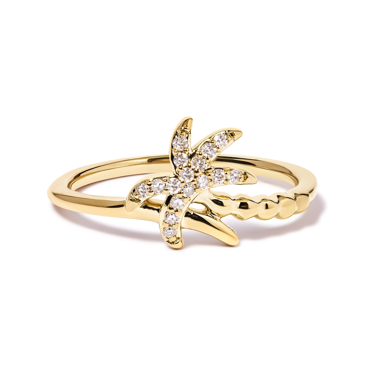 10K Yellow Gold 0.1 CTTW Diamond Palm Tree Statement Ring, H-I Color - I1-I2 Clarity - Ring Size 6