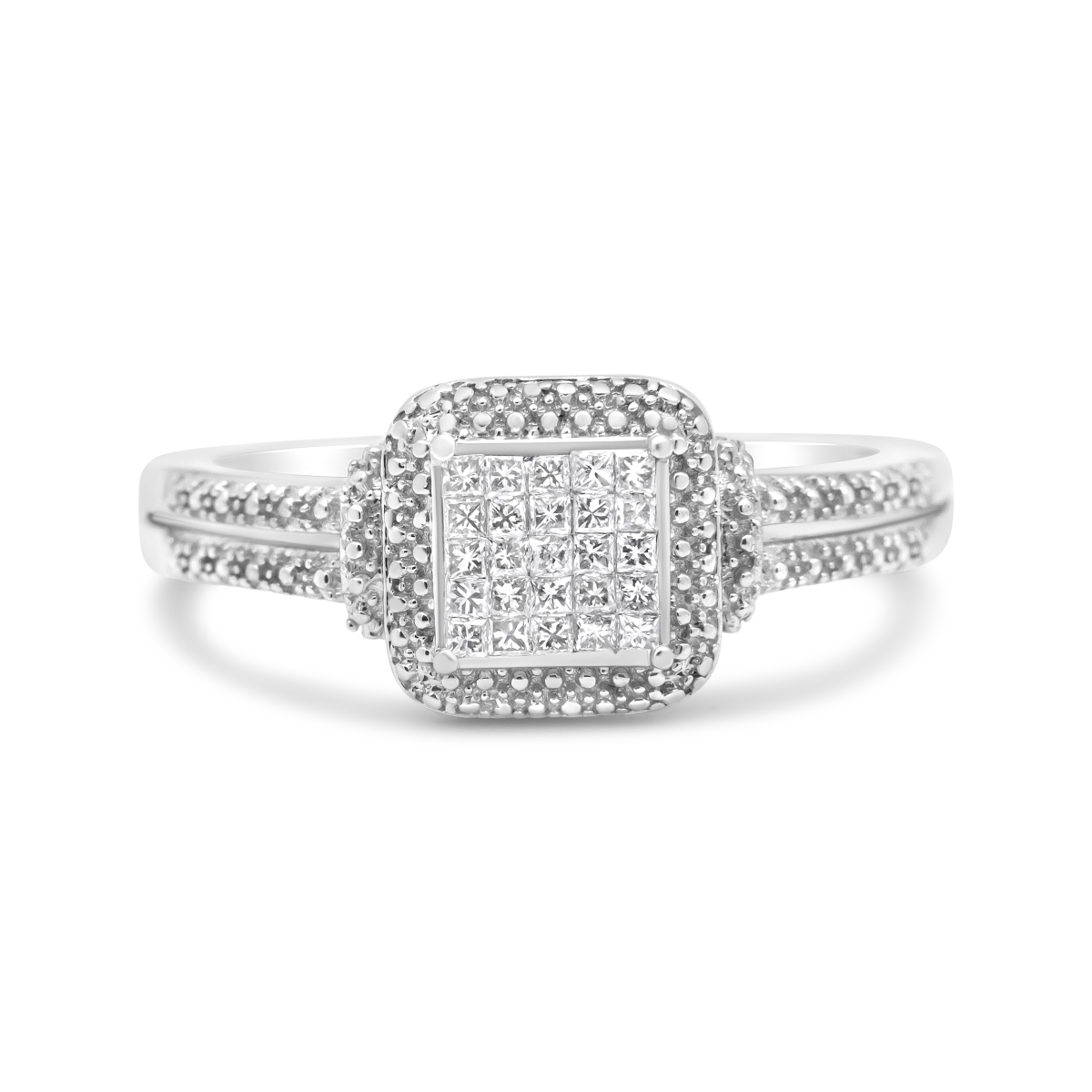 Picture of Infinite Jewels 021450R100 White .925 Sterling Silver 0.25 CTTW Princess-cut Diamond Composite Ring with Beaded Halo&#44; H-I Color - SI1-SI2 Clarity - Size 10