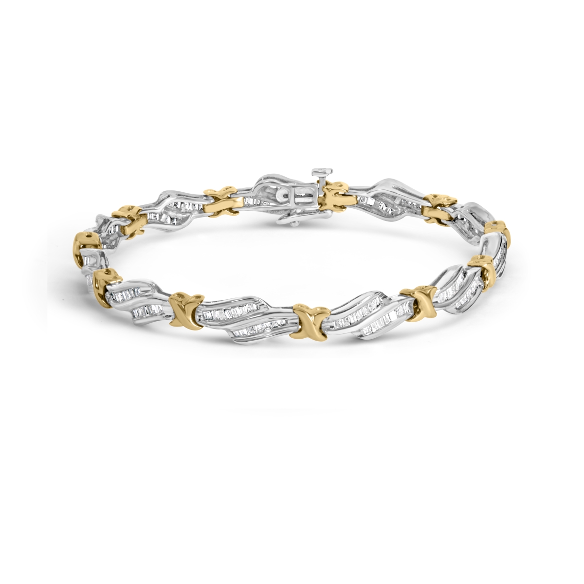 Picture of Infinite Jewels 61-1778TDM White & Yellow 10k Two-Toned Gold 2.00 CTTW Channel Set Baguette-Diamond Weave & X Spiral Link Bracelet&#44; H-I Color - I1-I2 Clarity - 7 in.